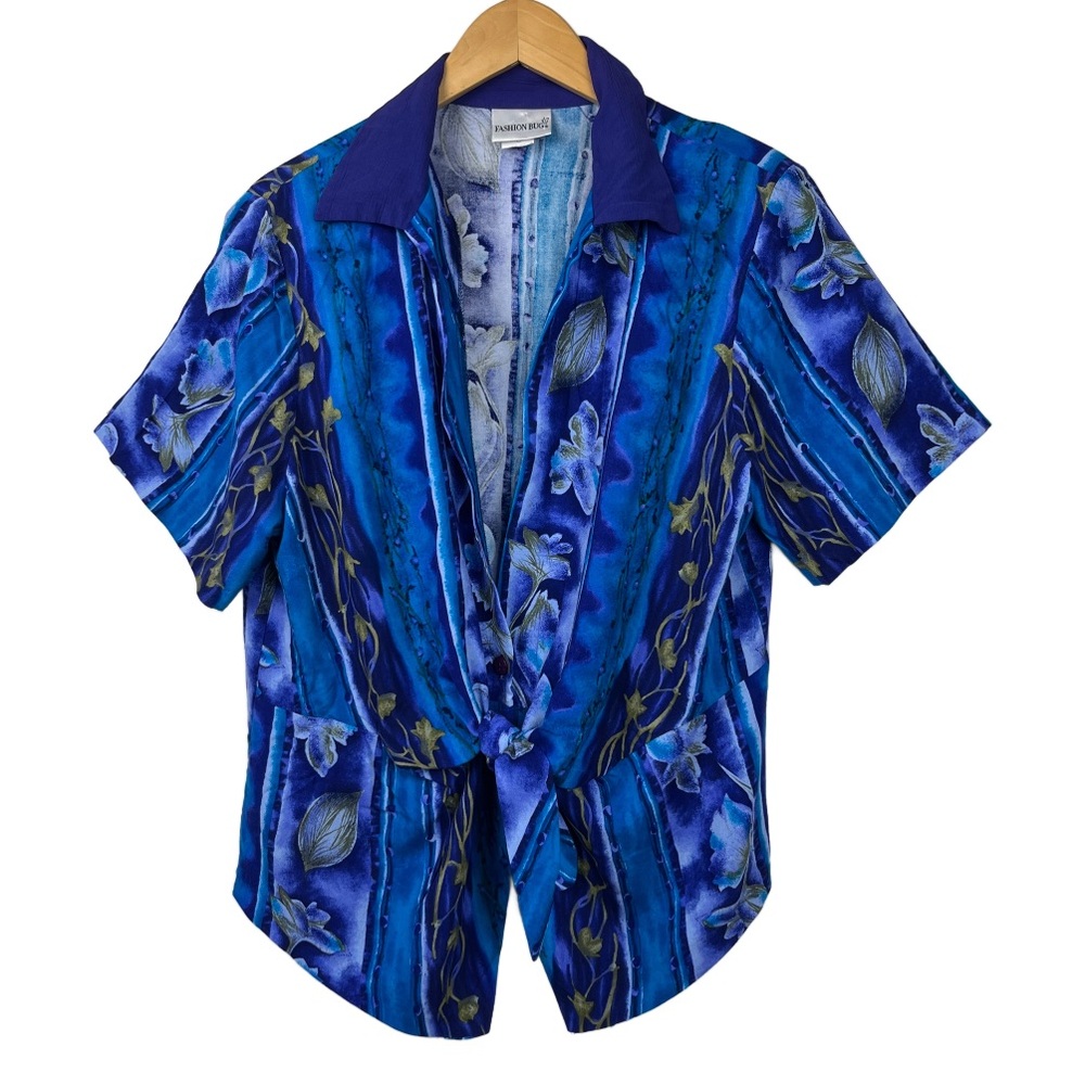 Vintage 90s Fashion Bug‎ Blue Floral Tie Front Over Shirt